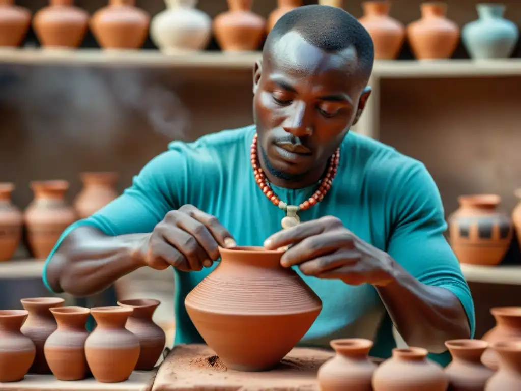 Artesanos africanos creando cerámica con técnicas tradicionales, reflejando la rica herencia cultural