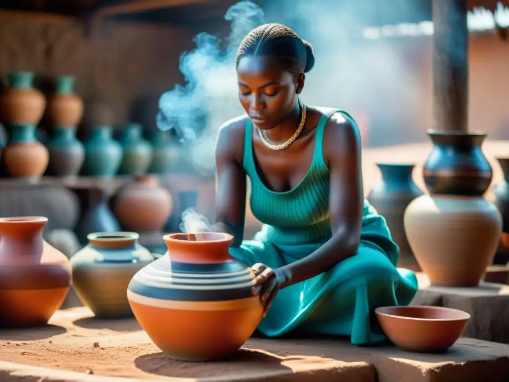 Artesanos africanos creando cerámica tradicional en un mercado vibrante