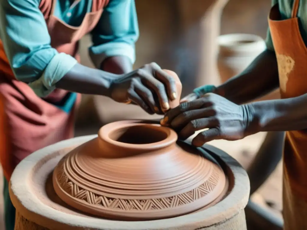 Artesanos africanos creando cerámica tradicional con técnicas ancestrales, reviviendo tecnologías africanas en el siglo XXI