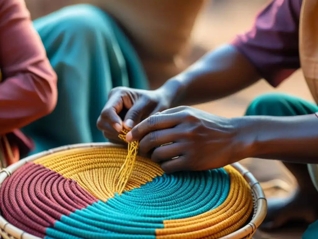 Artesanos africanos tejiendo cestas con técnicas tradicionales