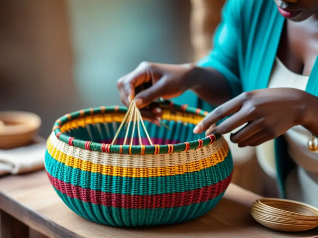 Artesanos africanos tejiendo cestas en vibrantes colores en un bullicioso mercado