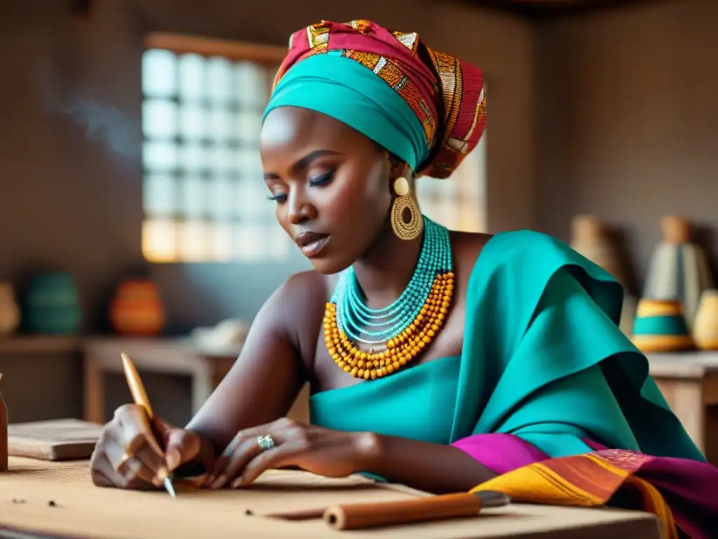 Artesanos africanos creando con cuidado ropa tradicional con telas coloridas y abalorios, mostrando la historia de la moda africana