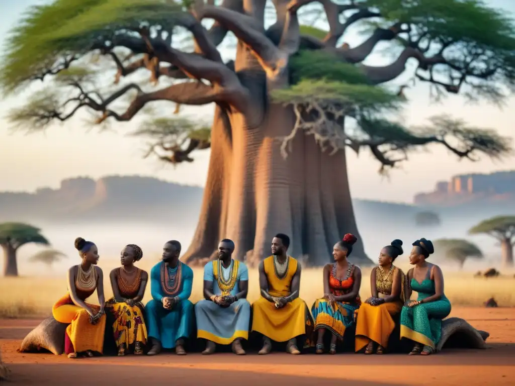 Artesanos africanos crean con destreza bajo baobab, rodeados de telas tradicionales en vibrantes colores