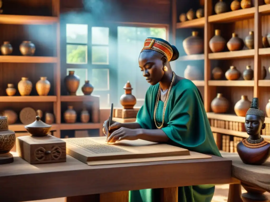 Artesanos africanos tallando una escultura de madera rodeados de iconografía de los Reinos Africanos