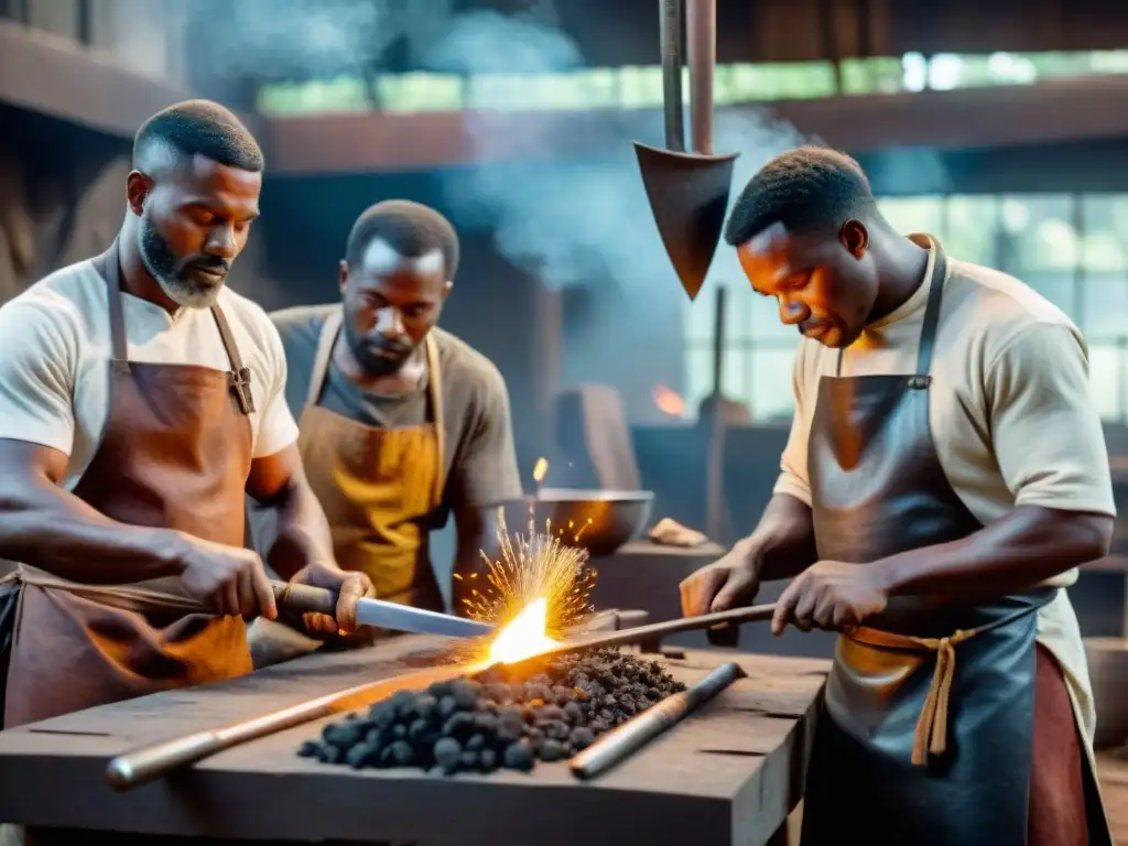 Artesanos africanos forjando espadas y herramientas en fragua tradicional, mostrando historia forja arte africana