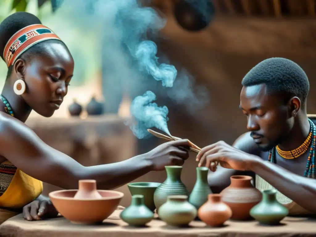 Artesanos africanos expertos elaborando cerámica con técnicas ancestrales, mostrando la rica herencia de las civilizaciones africanas