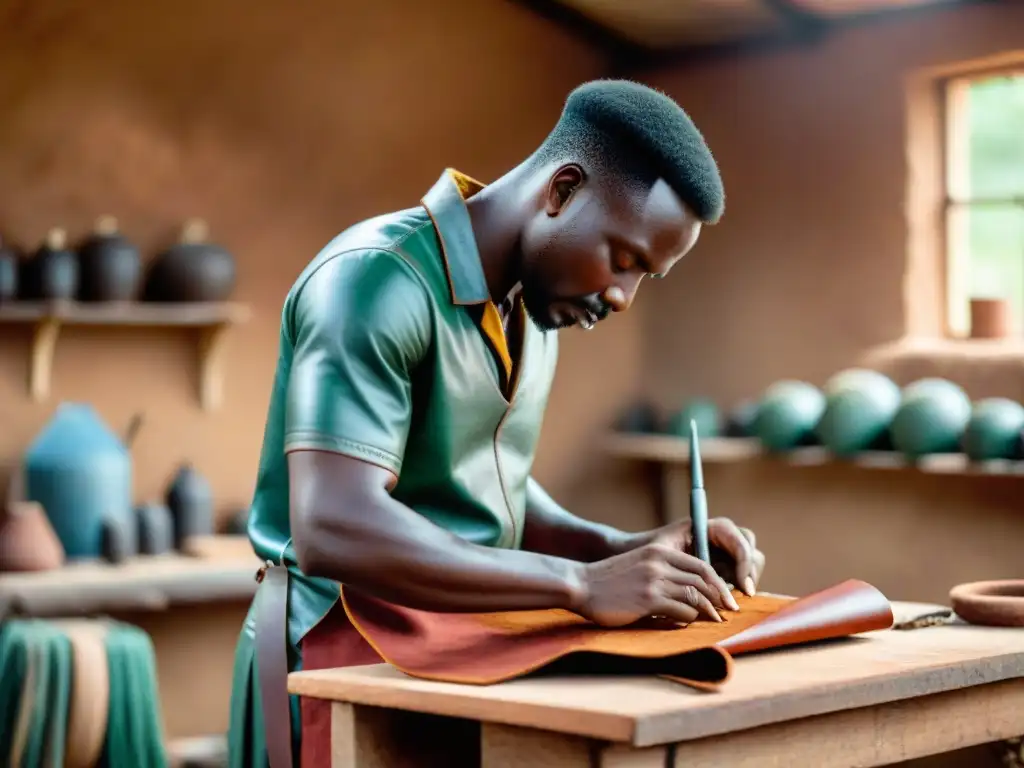 Artesanos africanos expertos creando lujosos productos de cuero en un taller tradicional