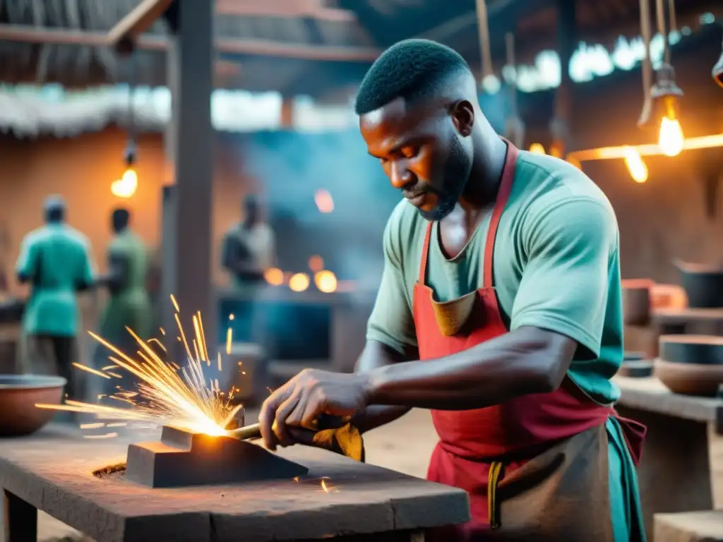 Artesanos africanos expertos en metalurgia crean herramientas tradicionales en bullicioso mercado africano