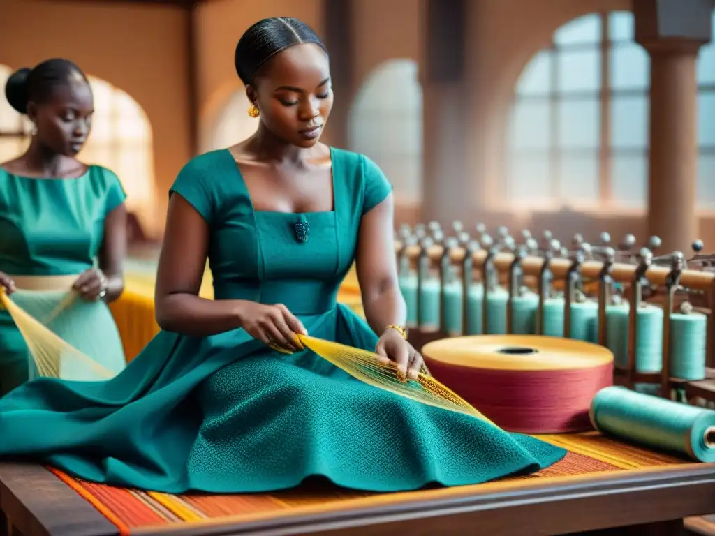 Artesanos africanos expertos tejiendo patrones en atelier de moda de lujo fusionando tecnología africana con tradición