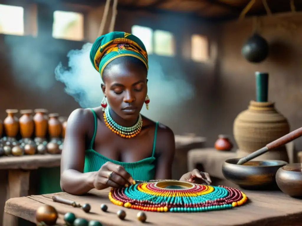 Artesanos africanos crean joyería con expresión cultural política en un taller tradicional lleno de color y tradición