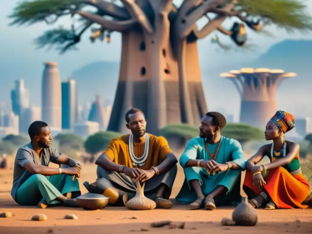 Artesanos africanos crean herramientas tradicionales bajo un baobab, reflejando la innovación tecnológica en civilizaciones africanas