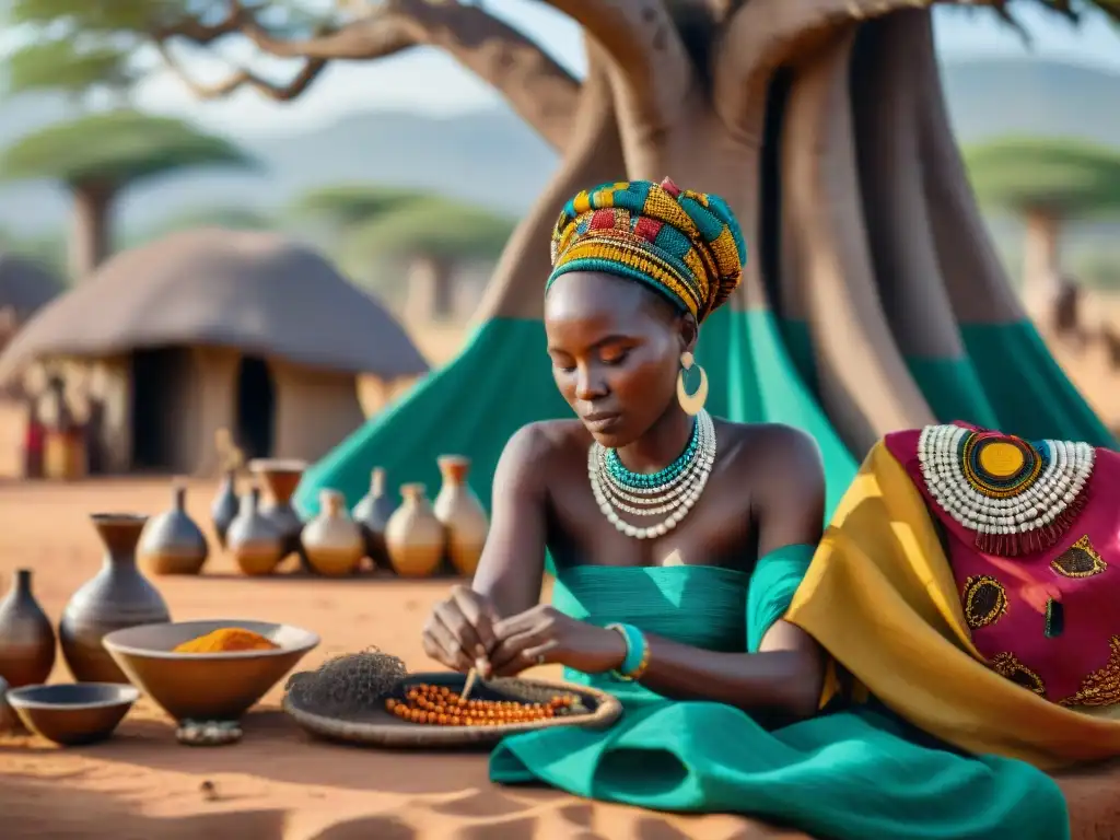 Artesanos africanos creando joyas bajo baobab: orgullo y destreza Artesanos africanos crean joyas bajo un baobab, reflejando significado cultural en el comercio de joyas africano