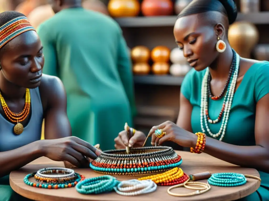 Artesanos africanos crean joyería tradicional en mercado africano, mostrando la influencia global en la joyería africana