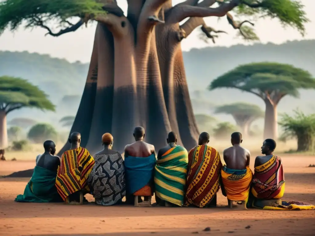 Artesanos africanos tejiendo Kente bajo un baobab, destacando la rica tradición del arte textil civilizaciones africanas