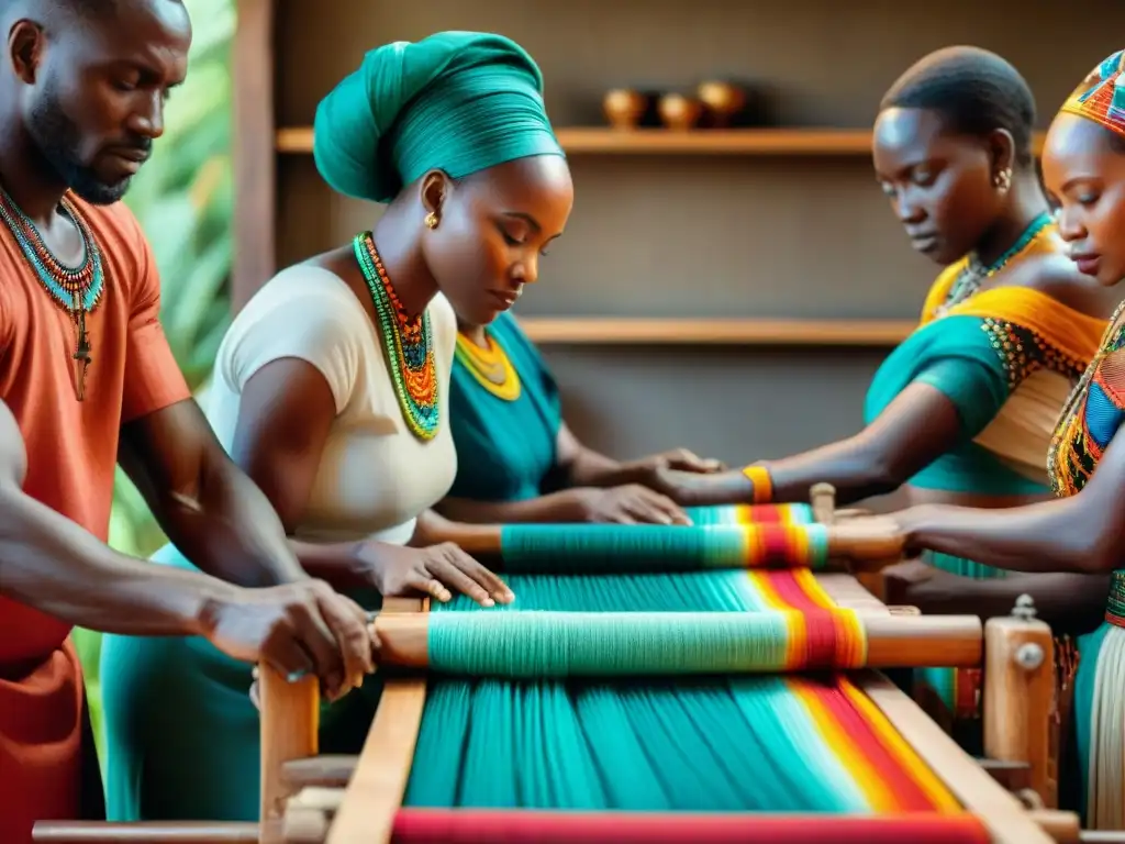 Artesanos africanos tejiendo en telar de madera, inspiración moda diseño África