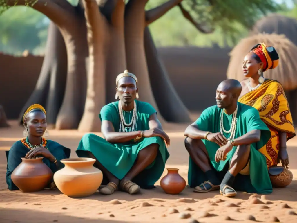 Artesanos africanos tallando máscaras y cerámica bajo un baobab en el mercado, fusionando secretos comerciales y tradición