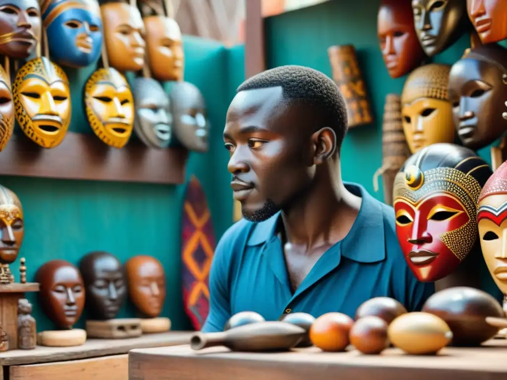 Artesanos africanos esculpen máscaras y esculturas en mercado vibrante