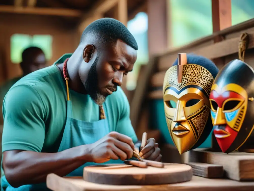 Artesanos africanos tallando máscaras de madera, exhibiendo el patrimonio africano con destreza y pasión en su taller al aire libre