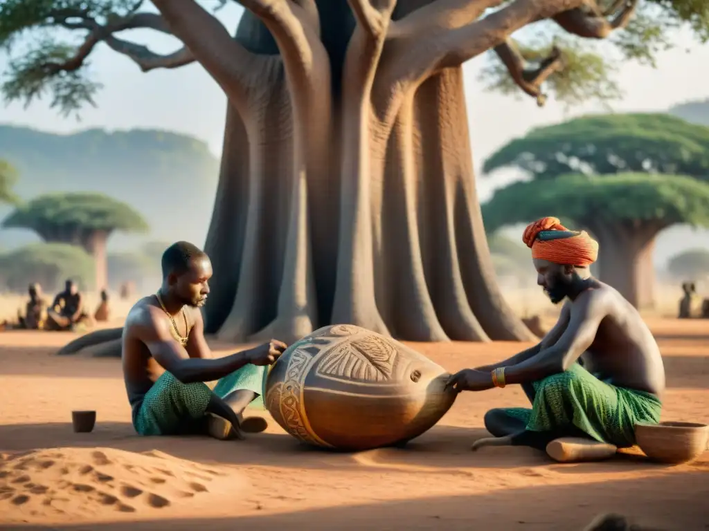 Artesanos africanos tallando máscaras tradicionales bajo un baobab, reflejando la influencia de las tradiciones africanas