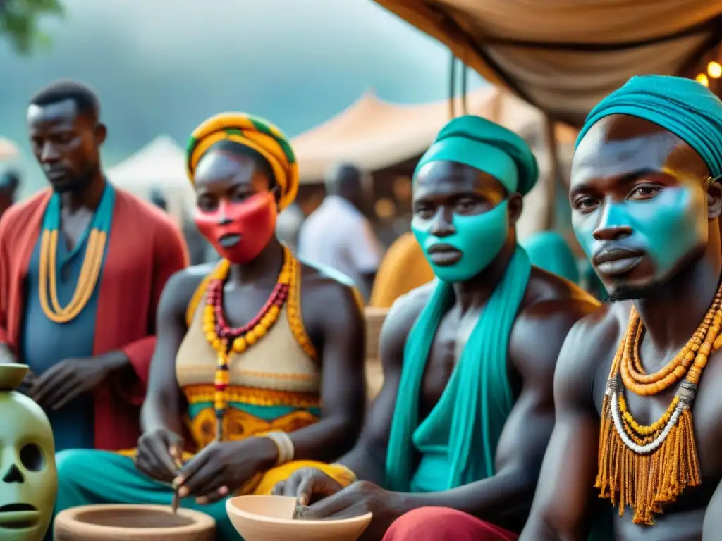 Artesanos africanos creando máscaras tribales en mercado vibrante