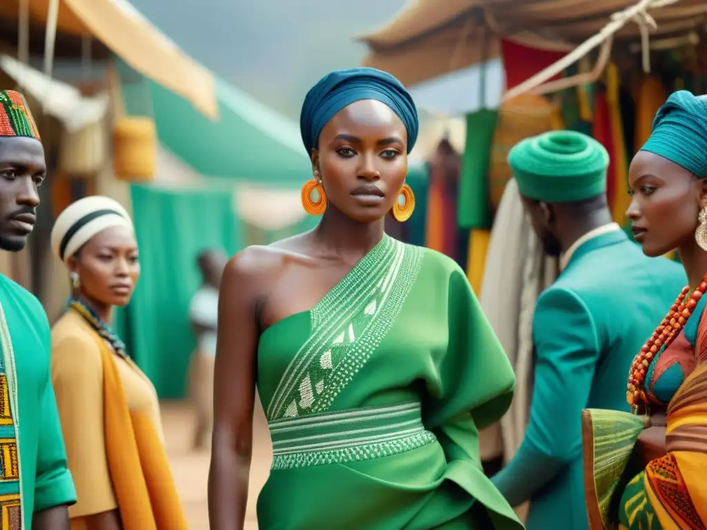 Artesanos africanos en mercado vibrante, exhibiendo moda sostenible con técnicas tradicionales y materiales ecofriendly