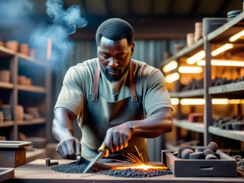 Artesanos africanos forjando metal con técnicas tradicionales y herramientas antiguas en un taller al aire libre