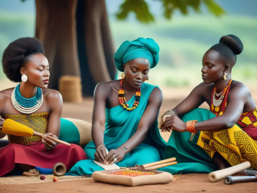 Artesanos africanos creando moda ética bajo un árbol, inspiración moda ética africana