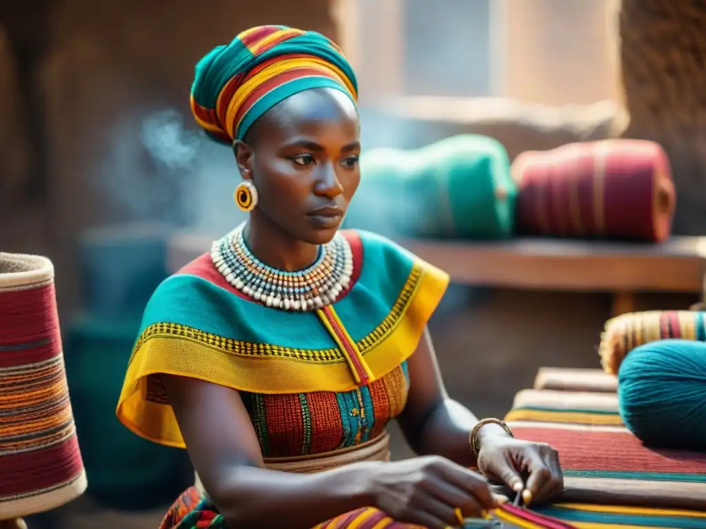 Artesanos africanos creando moda con telas vibrantes y técnicas tradicionales, reflejando la historia de la moda africana