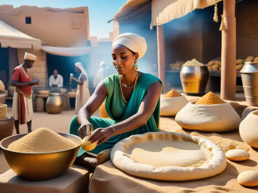 Artesanos africanos elaborando pan y cerveza en un bullicioso mercado bajo el sol