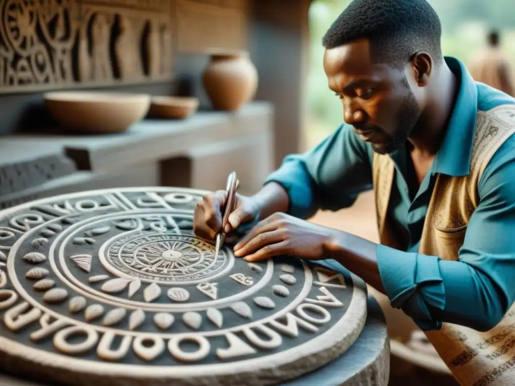 Artesanos africanos tallan símbolos pictográficos en piedra, destacando la comparación entre arte y escrituras pictográficas africanas