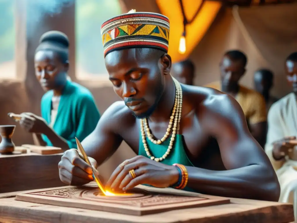 Artesanos africanos tallando símbolos religiosos en escultura de madera, reflejando tradición y técnica moderna