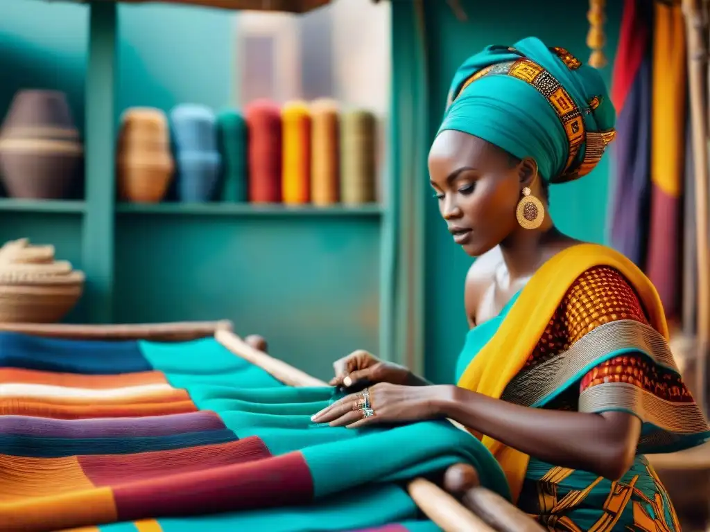 Artesanos africanos tejiendo telas coloridas en un mercado vibrante