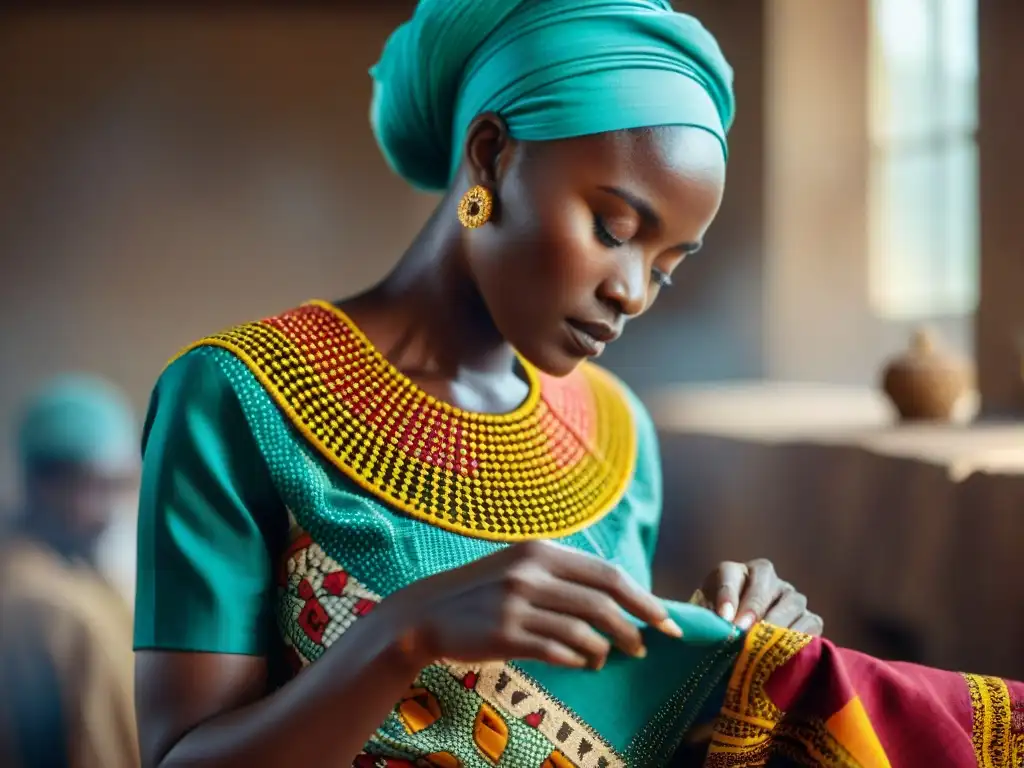 Artesanos africanos cosiendo telas tradicionales con influencia festividades africanas moda