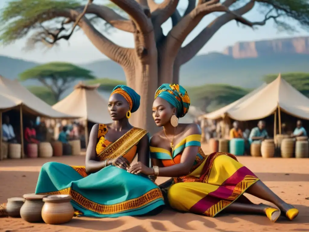 Artesanos africanos cosiendo telas tradicionales bajo un baobab, en un mercado vibrante