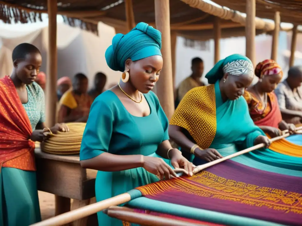 Artesanos africanos tejiendo telas vibrantes en mercado bullicioso, capturando la esencia de la tecnología textil africana