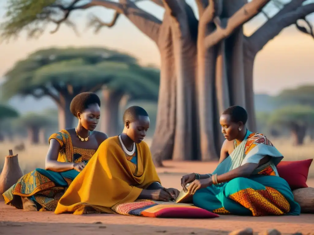 Artesanos africanos crean textiles bajo baobab al atardecer