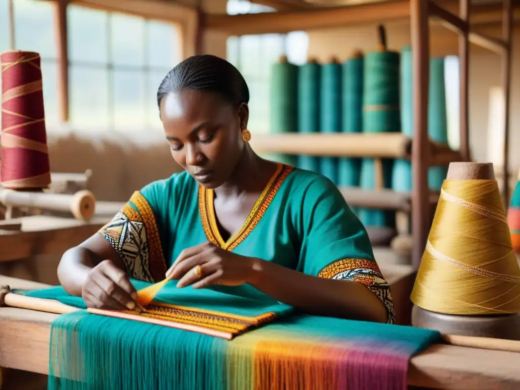 Artesanos africanos tejiendo textiles coloridos en un taller vibrante, reflejando lujo y tradición