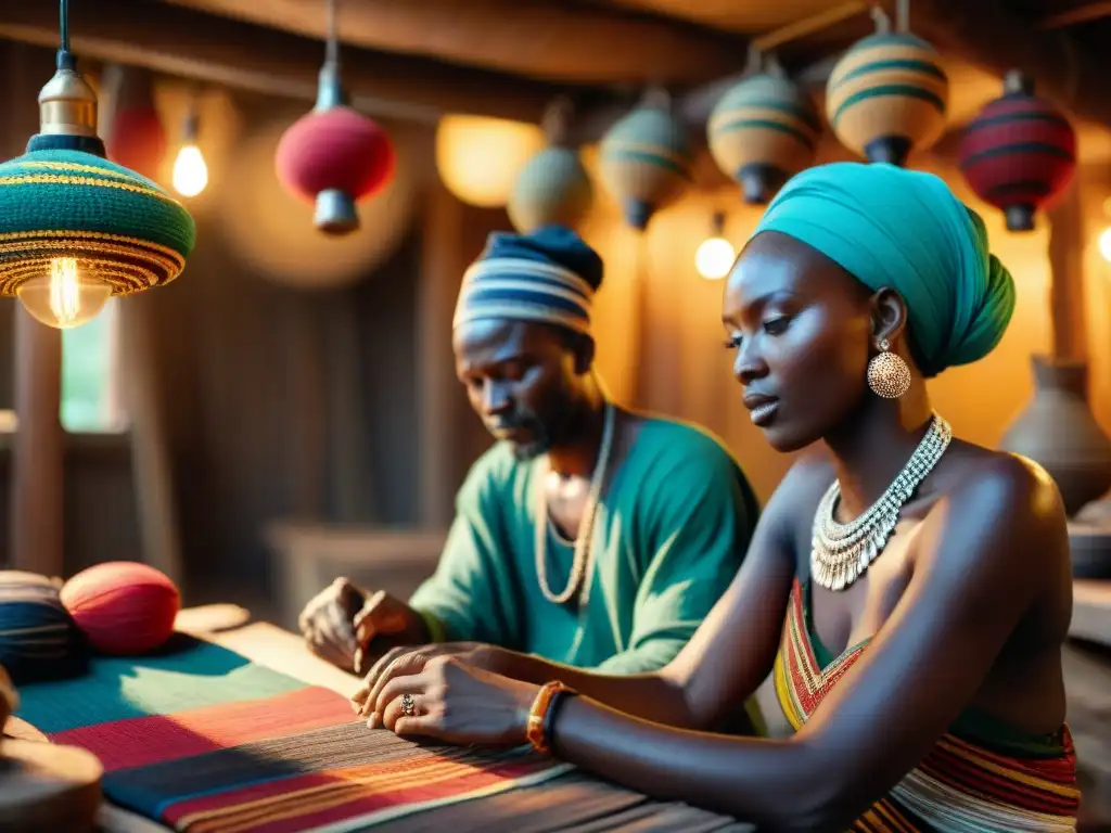 Artesanos africanos tejiendo textiles coloridos en taller iluminado, mostrando secretos comerciales gremios África