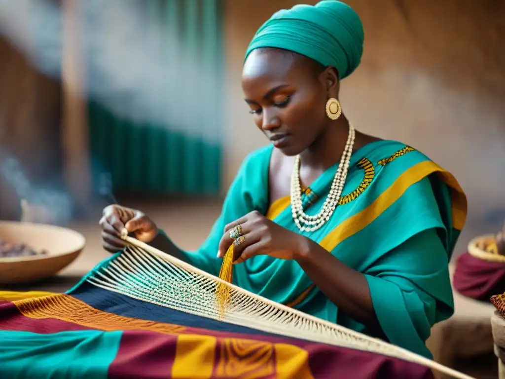 Artesanos africanos creando textiles vibrantes con técnicas sostenibles, reflejando la moda sostenible en civilizaciones africanas