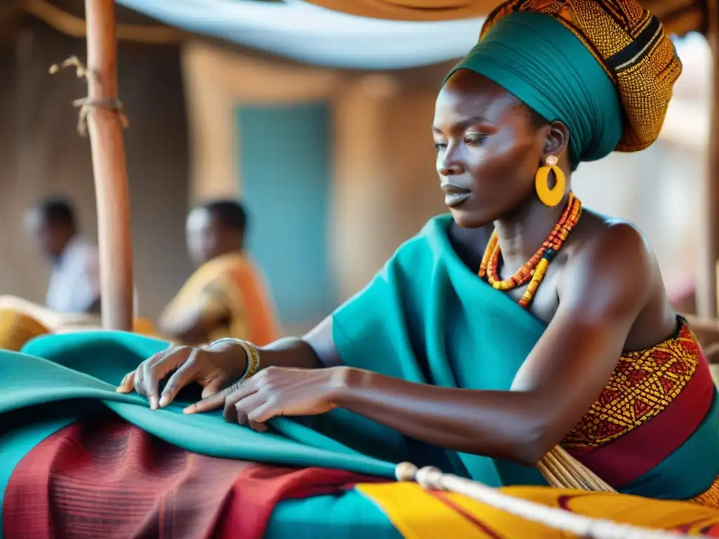 Artesanos africanos tejiendo textiles vibrantes en un bullicioso mercado bajo baobabs centenarios