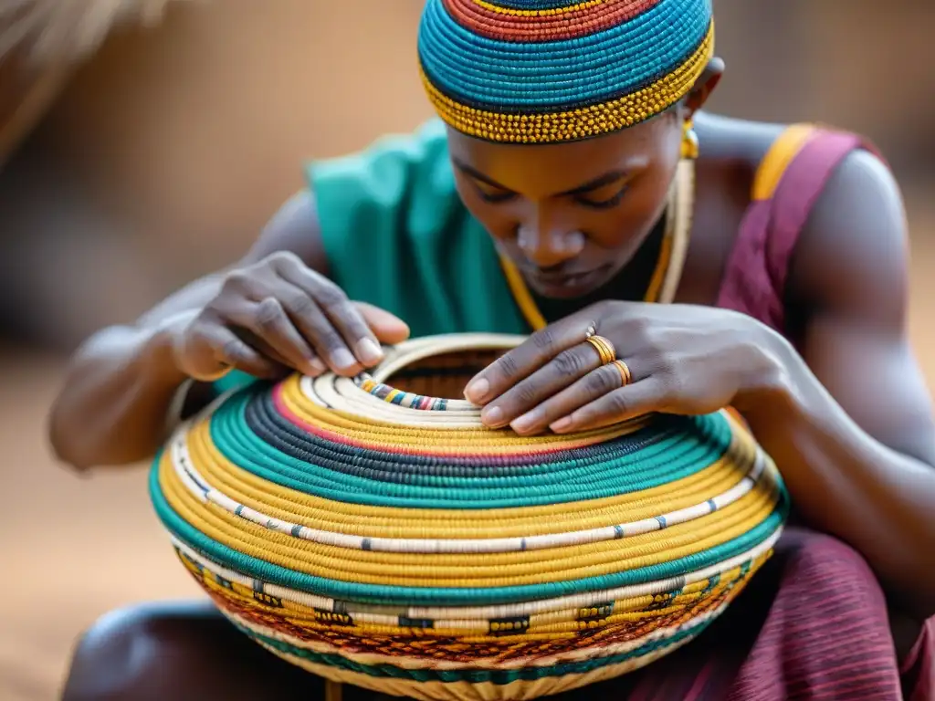 Artesanos africanos tejiendo cestería tradicional en vibrantes colores de la tierra en un mercado africano animado