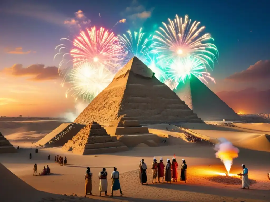 Artesanos egipcios crean fuegos artificiales junto a las pirámides al atardecer, reflejando la pirotecnia en el antiguo Egipto