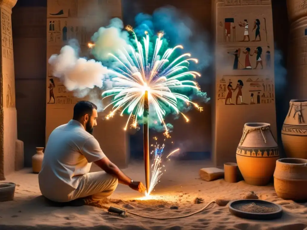 Artesanos egipcios crean fuegos artificiales con precisión y rituales en taller iluminado por chispas, reflejando la pirotecnia en el antiguo Egipto