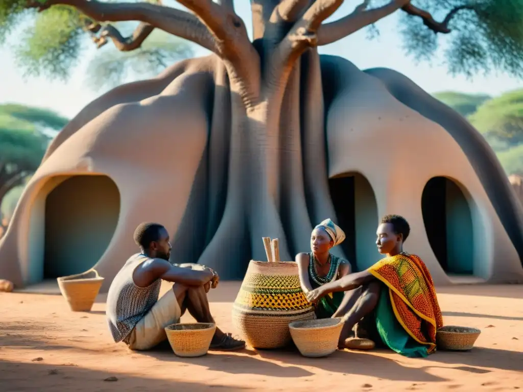 Artesanos expertos tejiendo cestas bajo un baobab en África, mostrando el arte de la cestería