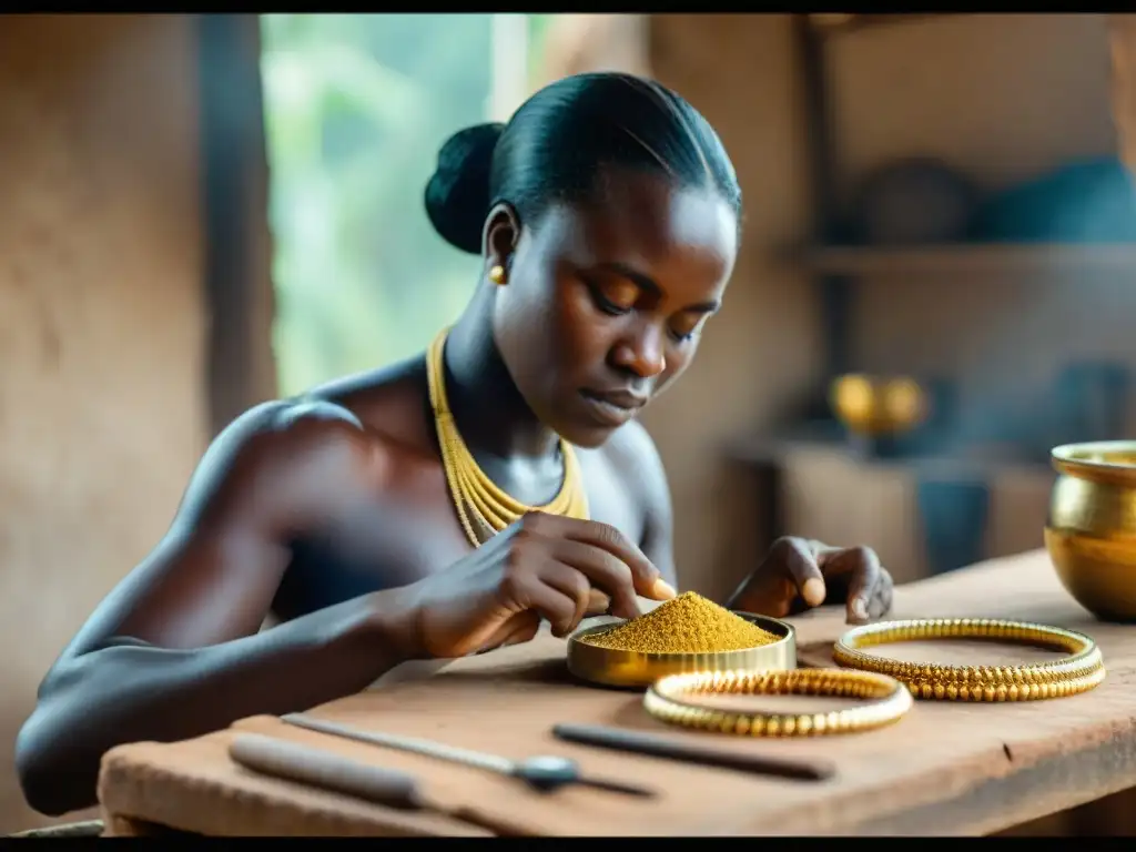 Artesanos ghaneses expertos creando joyería de oro con técnicas tradicionales, destacando la metalurgia del oro en Ghana