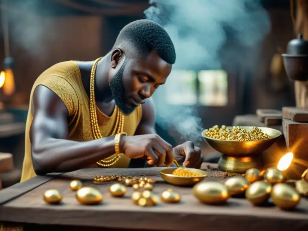 Artesanos ghaneses crean joyería de oro en un taller tradicional, rodeados de herramientas antiguas y oro brillante