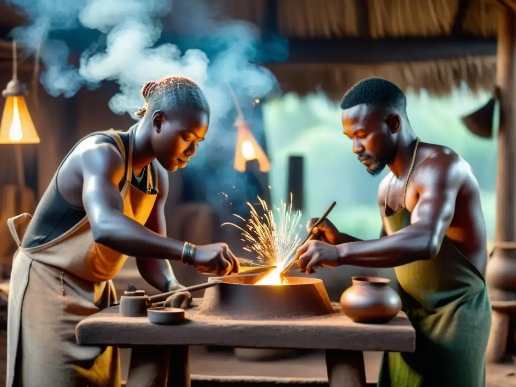 Artesanos Nok forjando herramientas en taller tradicional africano, destacando desarrollo tecnológico civilizaciones africanas