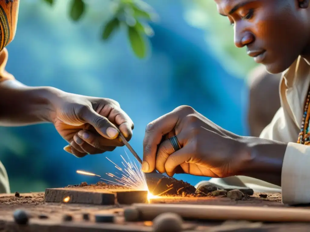 Artesanos en África crean herramientas con tecnología antigua en paisaje verde y cielo azul