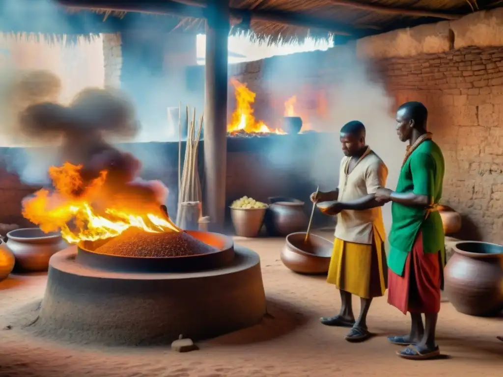 Artesanos del Reino de Benín trabajan en horno de fundición de cobre, mostrando la rica historia y legado de la metalurgia cobre en Benín