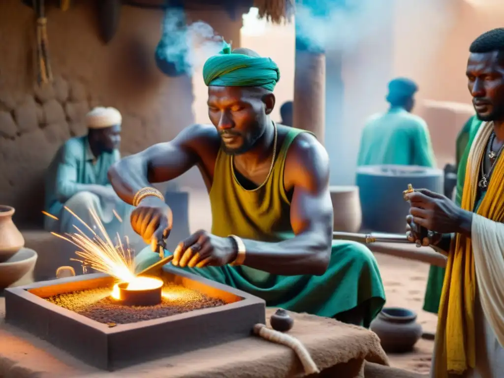 Artesanos mandé en Mali forjando joyas y armas de oro, con chispas volando, en un mercado bullicioso